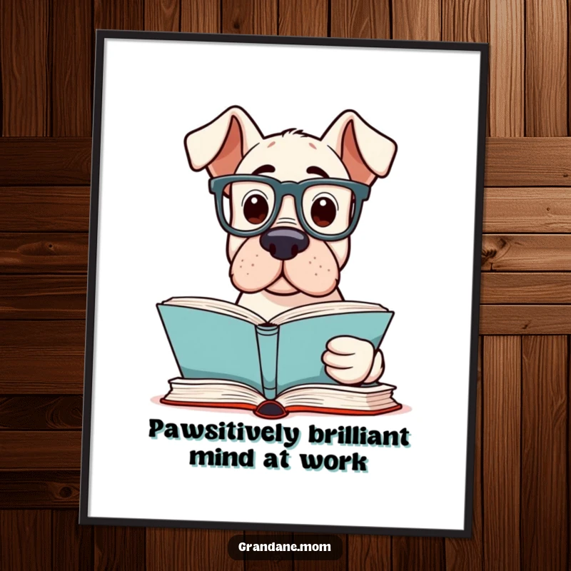 Funny Free Printable Wall Art: A Grand Dane dog wearing reading glasses, intently examining the pages of a book.