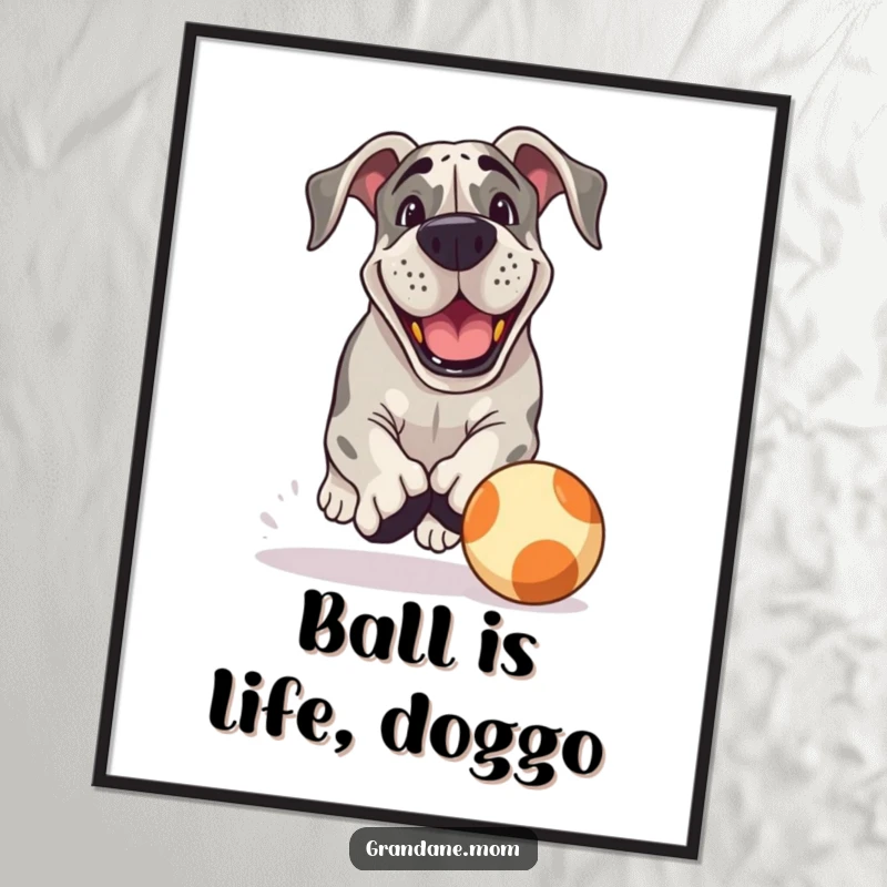 Funny Free Printable Wall Art of a Grand Dane dog with a playful grin, chasing a large bouncing ball.