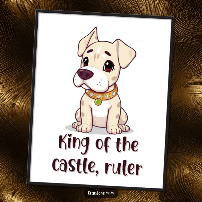 Funny Free Printable Wall Art: A Grand Dane wearing a sparkling collar surveys its domain with majestic elegance.