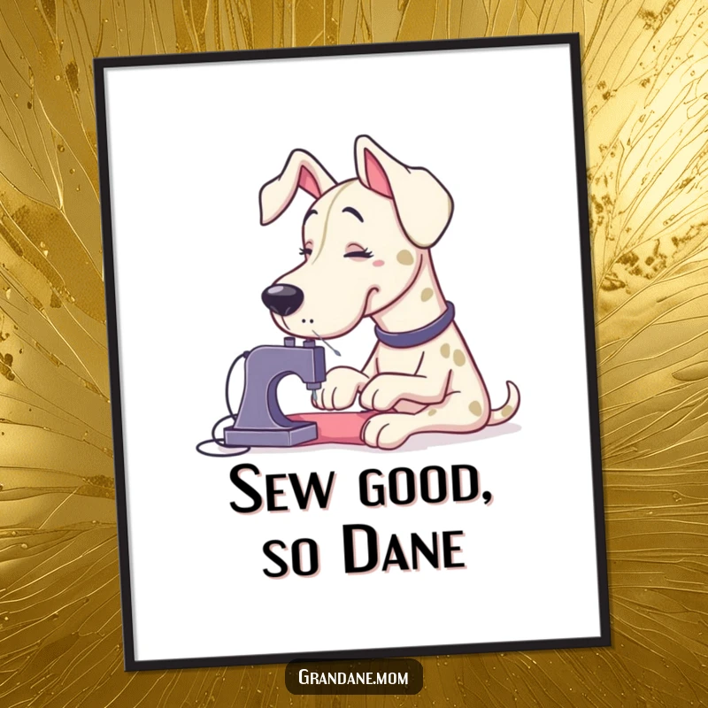 Funny Free Printable Wall Art: A giant Grand Dane adorably struggles to sew a tiny button with oversized needles, adding humor to decor.