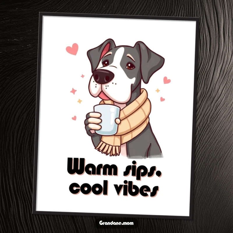 Funny Free Printable Wall Art of a Great Dane in a scarf enjoying a warm drink, perfect for dog lovers and cozy home decor.