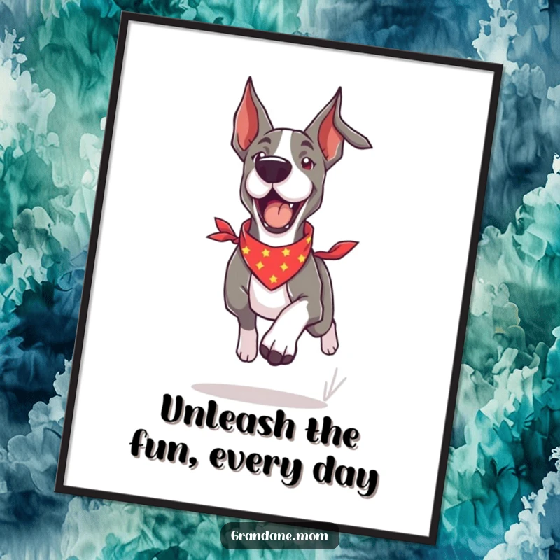 Funny Free Printable Wall Art: A playful Grand Dane wearing a bandana runs with boundless energy, capturing motion.