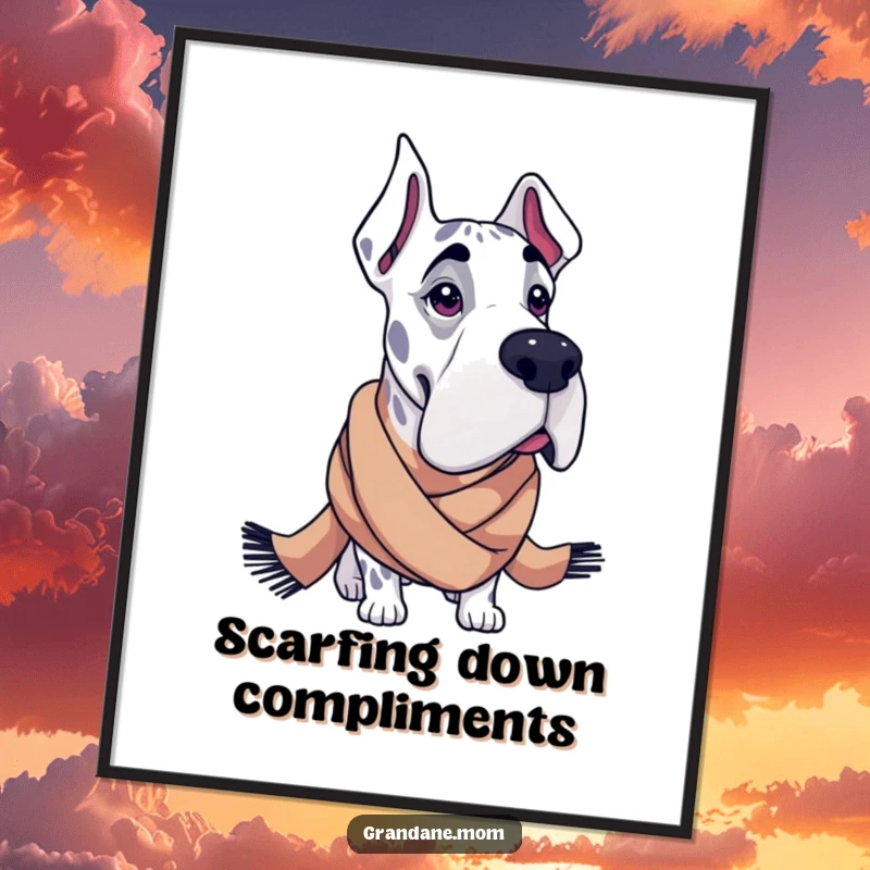 Funny Free Printable Wall Art: A very stylish Grand Dane poses elegantly, wearing a large, fashionable scarf.