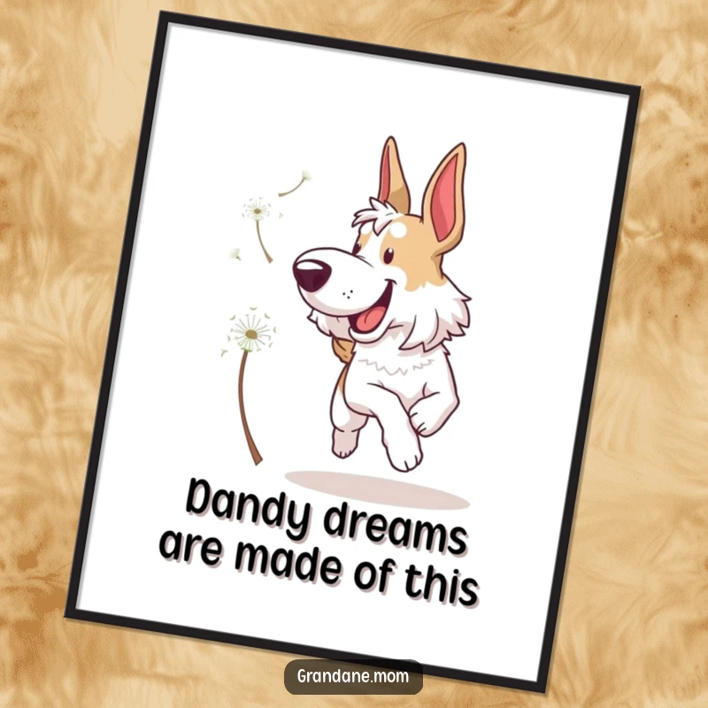 Funny Free Printable Wall Art: A majestic Grand Dane leaping with pure joy, chasing a tiny dandelion seed caught in the breeze.