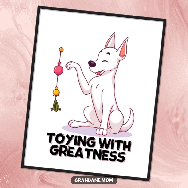 Funny Free Printable Wall Art: A playful Grand Dane is captured mid-reach, stretching gracefully for a dangling toy.