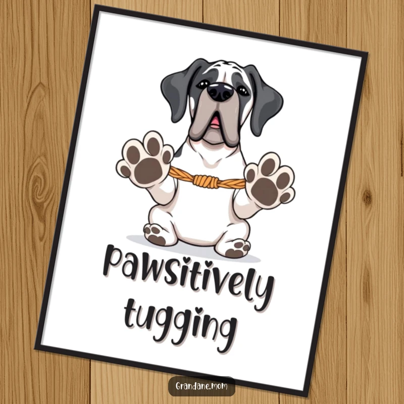 Funny Free Printable Wall Art: A Grand Dane with extended paws is poised and ready for an exciting game of tug-of-war.