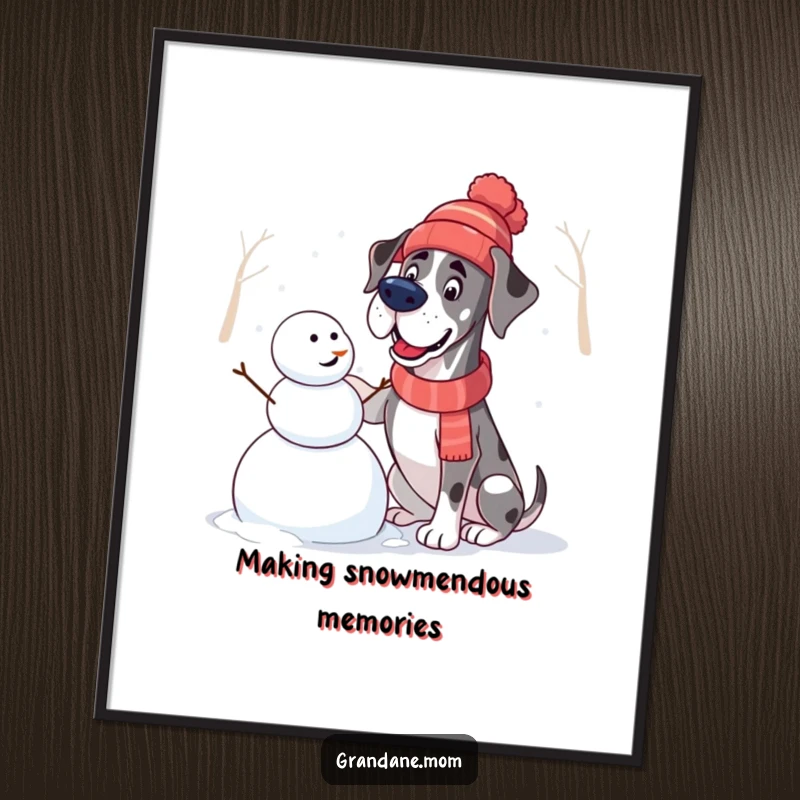 Funny Free Printable Wall Art of a Great Dane in a hat excitedly building a snowman, perfect for winter decor and dog lovers.