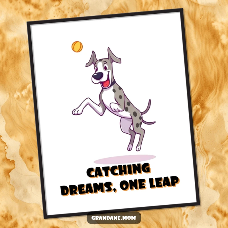 Funny Free Printable Wall Art showing a Great Dane with impossibly long legs joyfully leaping high to catch a toy.