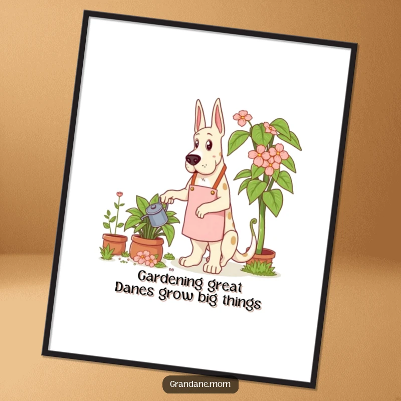 Funny Free Printable Wall Art: A Grand Dane dog in a gardening apron watering a huge, thriving plant.