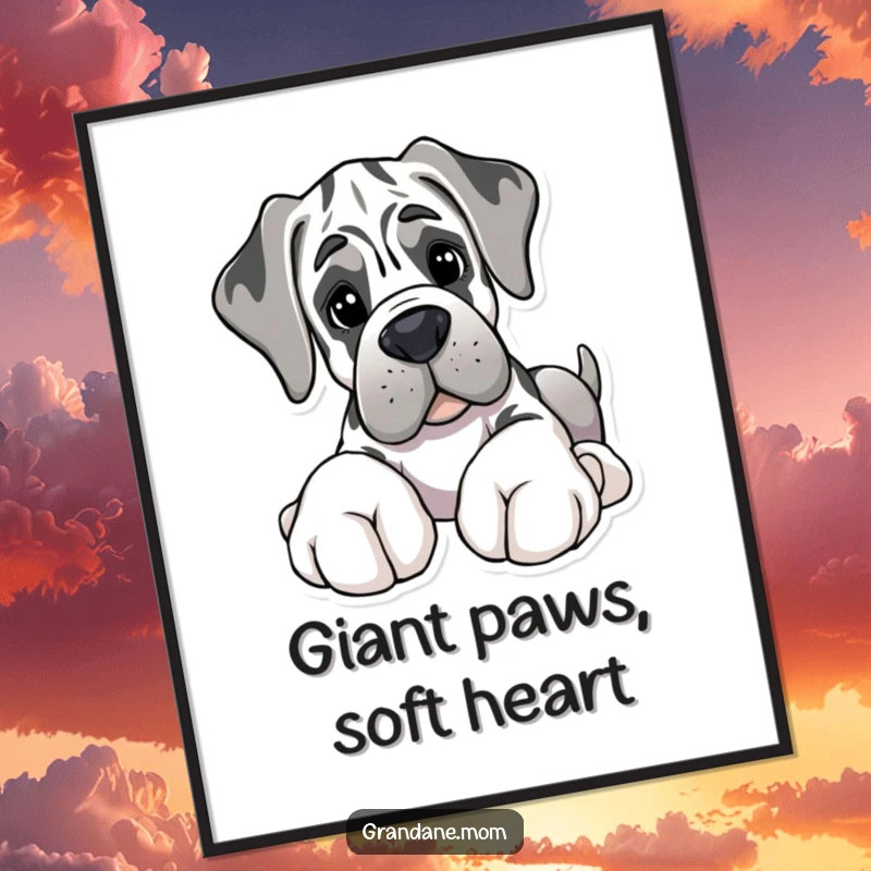 Funny Free Printable Wall Art: A Grand Dane with comically large paws offering a plush soft toy.