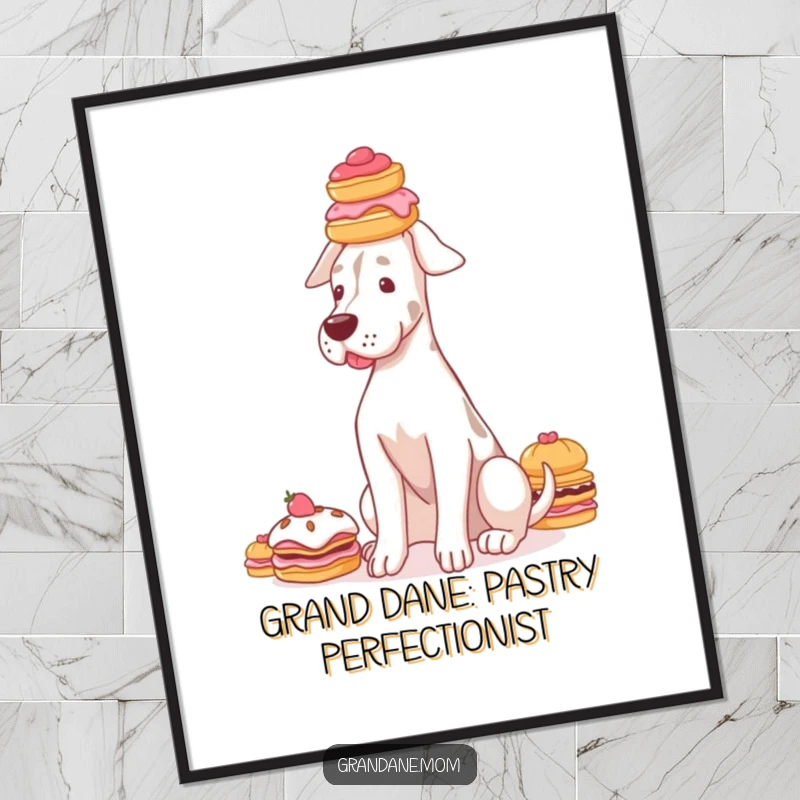 Funny free printable Grand Dane wall art, a graceful dog perfectly balancing a stack of delicate pastries on its head, whimsical decor.