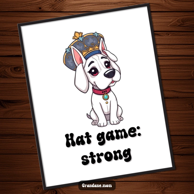 Funny Free Printable Grand Dane Wall Art: Elegant dog wearing a large ornate hat, sophisticated downloadable decor.