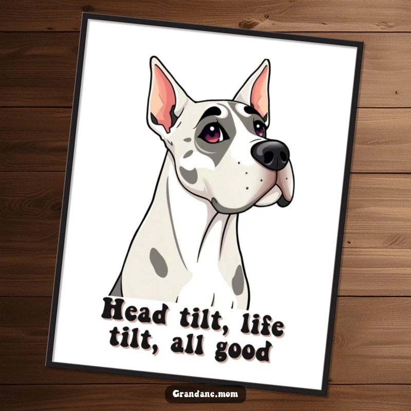 Funny Free Printable Grand Dane wall art featuring a dog tilting its head curiously, capturing attention and adding charm.