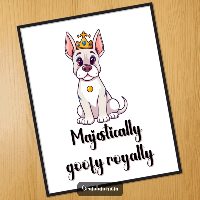 Funny Free Printable Wall Art depicting a majestic Grand Dane dog sitting regally with a tiny crown.