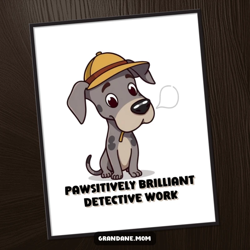 Funny Free Printable Wall Art: Great Dane wearing a detective hat, intensely pondering a clue, adding humor to any room.
