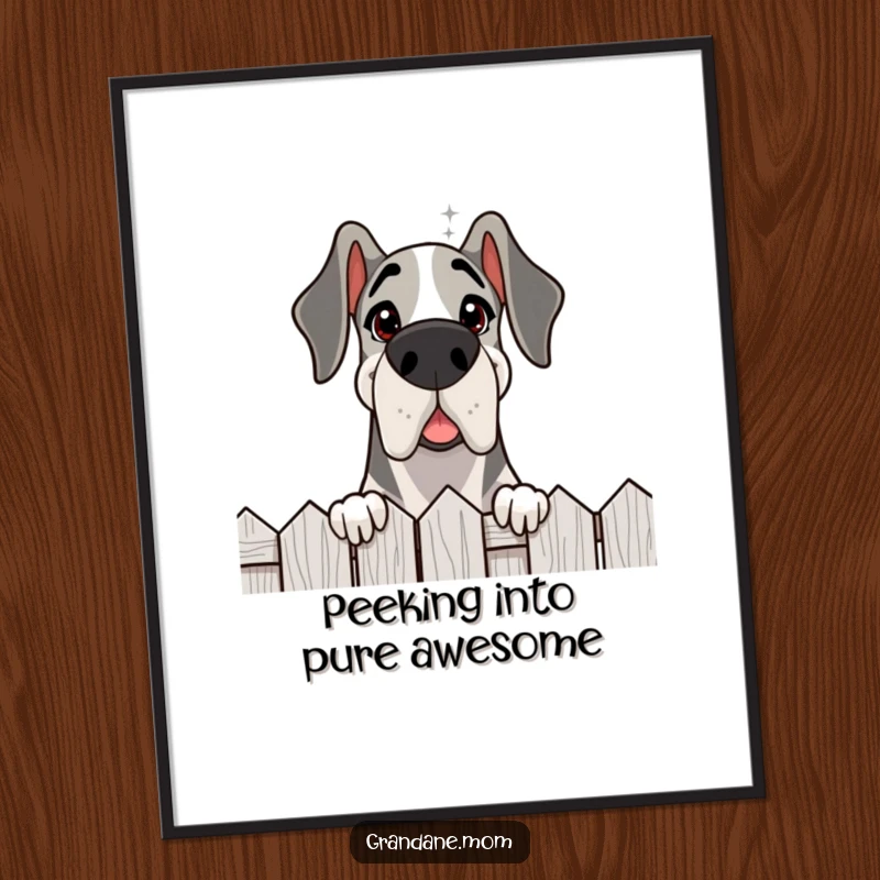 Funny Free Printable Wall Art: A delighted Grand Dane peering inquisitively over a fence with a friendly, welcoming gaze.