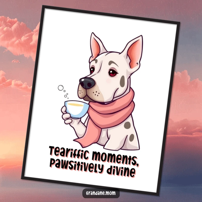 Funny Free Printable Grand Dane Wall Art: Sophisticated dog in scarf enjoying tea, exuding elegance and humor.