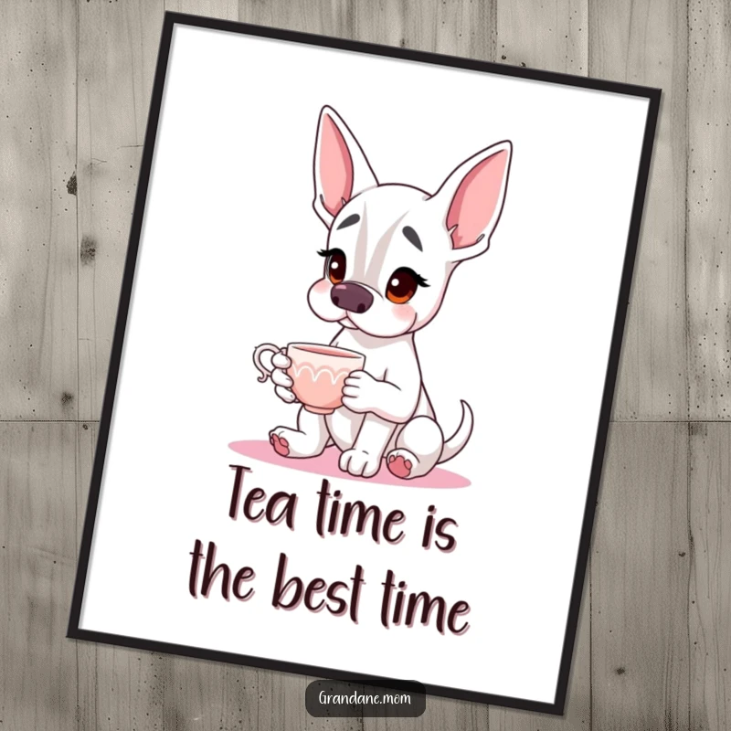 Funny Free Printable Grand Dane Wall Art: A gentle Dane with a teacup, bringing elegant humor to your home decor.
