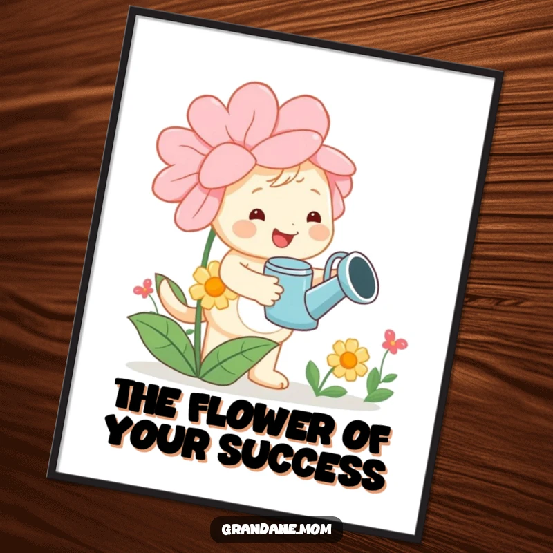 Funny Free Printable Wall Art: A cheerful daniff with a watering can tending a large vibrant flower, adding quirky charm.
