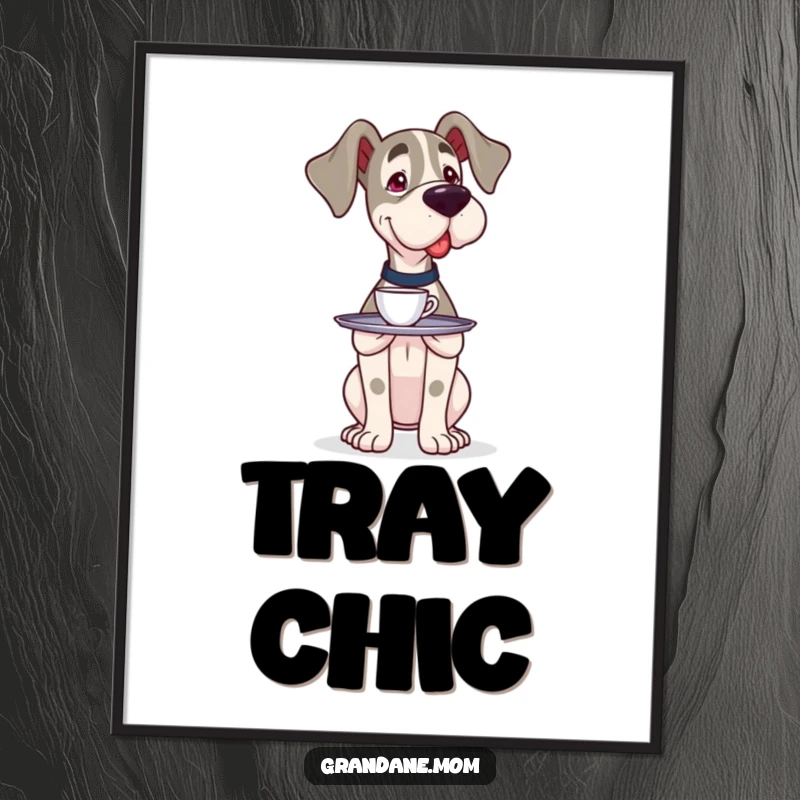 Funny Free Printable Wall Art: Grand Dane dog carefully balancing a small tray with a single cup, a humorous piece for any room.