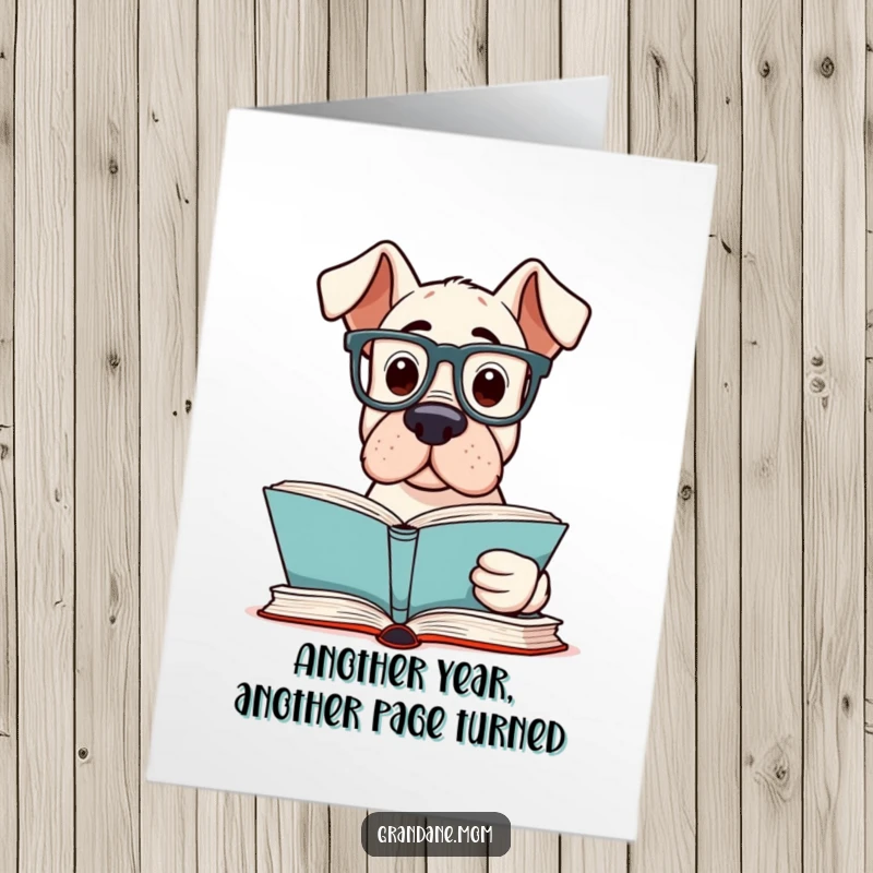 Funny Free Printable Birthday Card: Grand Dane dog wearing reading glasses, curiously peering into an open book.