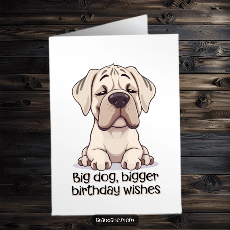 Funny Free Printable Happy Birthday Card featuring a Grand Dane relaxing with a huge, contented sigh and a happy expression.