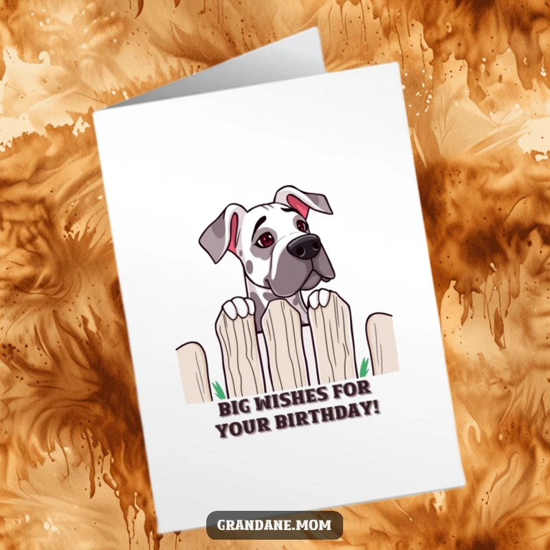 Funny Free Printable Birthday Card: A Grand Dane with long, floppy ears peeks inquisitively over a tall wooden fence.
