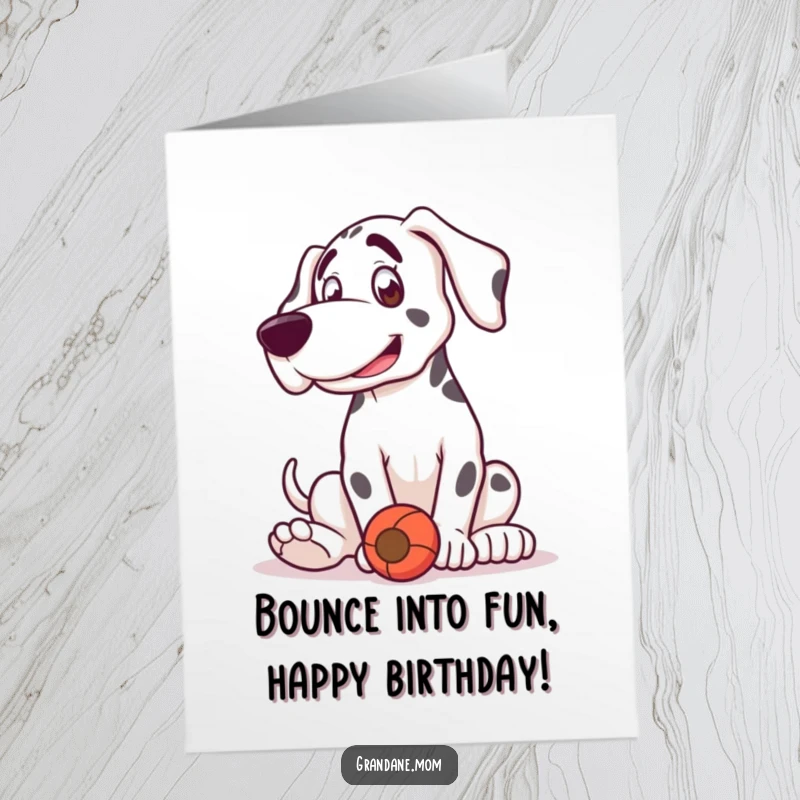 Funny Free Printable Grand Dane Birthday Card: A playful dog bouncing with a toy, ideal for a humorous downloadable gift.