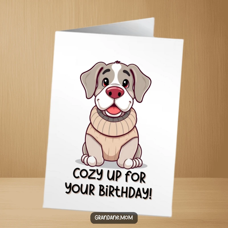 Funny Free Printable Birthday Card: A jolly Grand Dane sits comfortably, wearing a soft knitted sweater, looking utterly cozy and content.