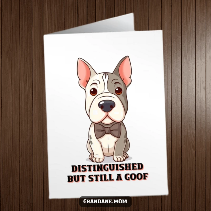 Funny Free Printable Birthday Card featuring a distinguished Grand Dane in a dapper bow tie, ready to celebrate.