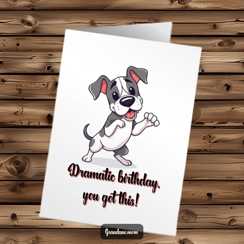 Funny Free Printable Birthday Card: A cute Kawaii Great Dane character striking a hilariously dramatic and playful pose with flair.