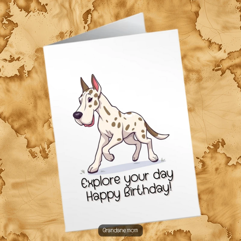 Funny Free Printable Grand Dane Birthday Card: A determined dog trotting, exploring, ideal for a humorous downloadable gift.