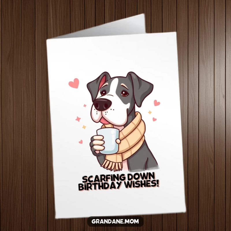 Funny Free Printable Birthday Card featuring a Great Dane in a scarf sipping a warm drink, radiating cozy birthday cheer.