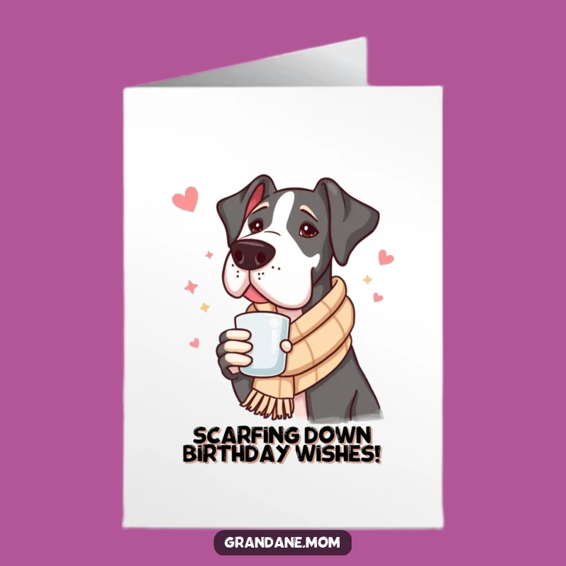 Free Printable Birthday Card: Cozy Great Dane & Warm Drink Funny Dog Downloadable