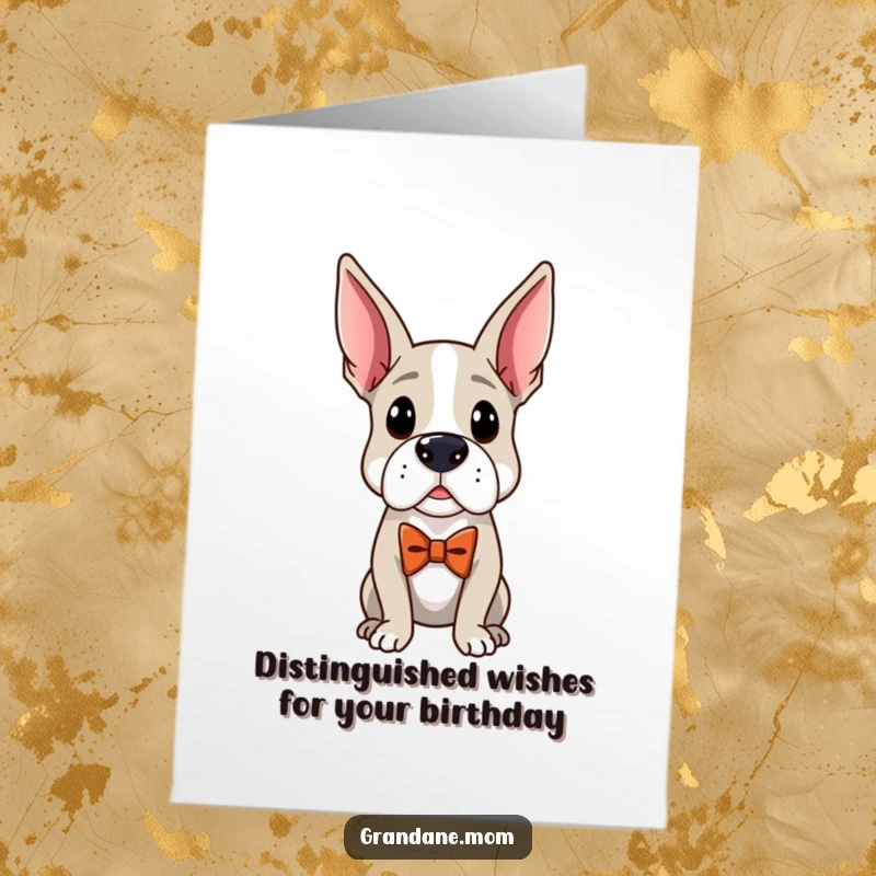Funny Free Printable Birthday Card: A distinguished Grand Dane wearing an elegant bow tie, looking dapper and ready for a sophisticated birthday party.