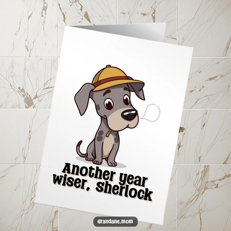 Funny Free Printable Birthday Card: Great Dane detective hat, pondering clue, ready to solve birthday mysteries with humor.