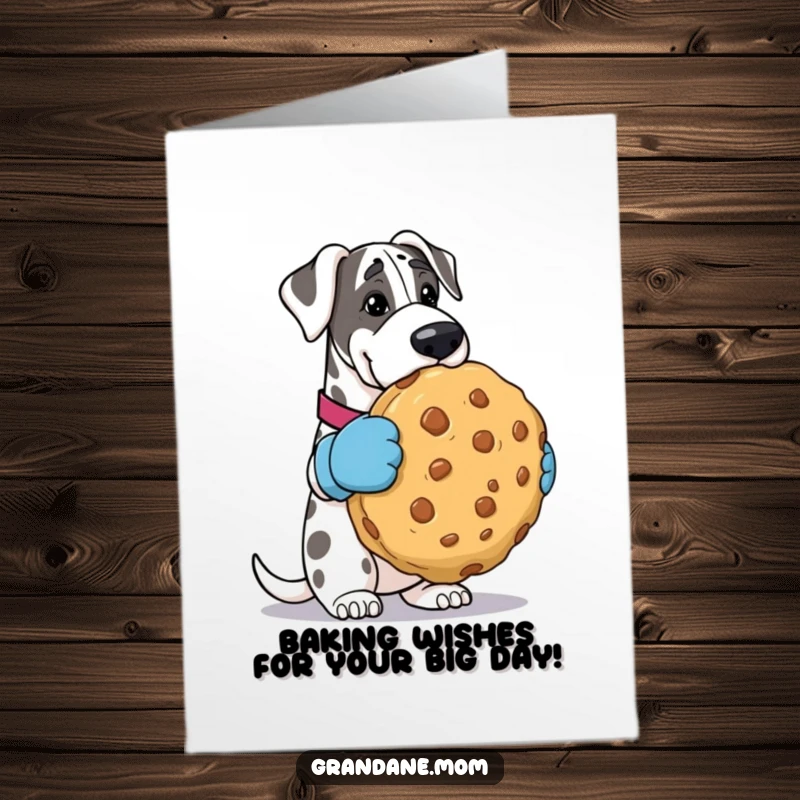 Funny Free Printable Birthday Card: Grand Dane in oven mitts proudly holding a gigantic cookie, ready to celebrate.