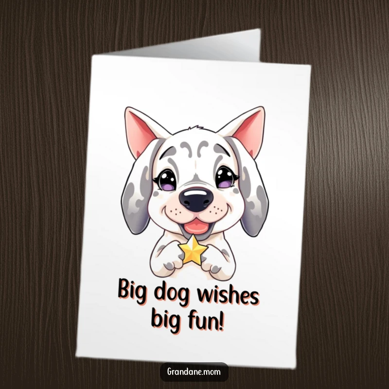 Funny Free Printable Birthday Card: Grand Dane with a starry glint holding a sparkling star, ready for celebrations.