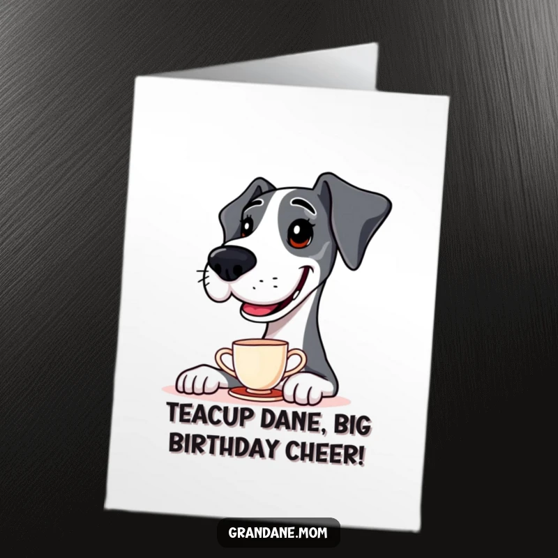 Funny Free Printable Birthday Card: Smiling Great Dane expertly balancing a tiny teacup on its nose with a joyful expression.