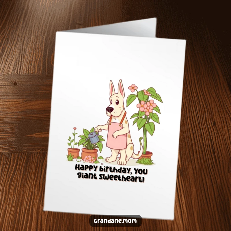 Funny Free Printable Birthday Card: A Grand Dane in a gardening apron watering an impressively large plant.