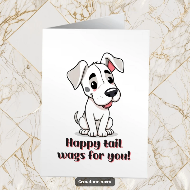 Free Printable Birthday Card: A happy Grand Dane with large floppy ears, its tail wagging slowly.