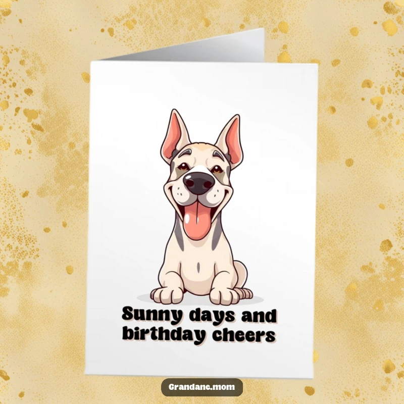Funny Free Printable Birthday Card showcasing a Grand Dane happily panting with its tongue out, basking in warm sunshine.