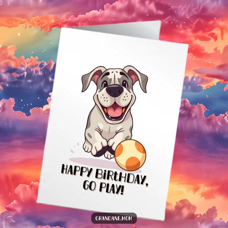 Funny Free Printable Birthday Card of a Grand Dane dog joyfully chasing a large bouncing ball with a grin.