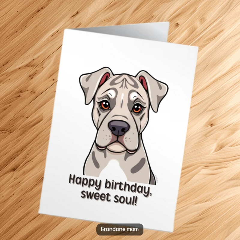 Funny Free Printable Birthday Card featuring a loving Grand Dane dog with soulful eyes giving a gentle lick.