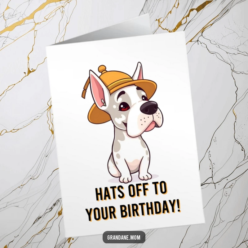 Free Printable Birthday Card: A Grand Dane in a whimsical hat gives a gentle, knowing head nod.