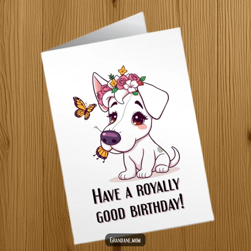 Funny Free Printable Birthday Card: Grand Dane in a flower crown playfully chasing a butterfly, sweet and funny.