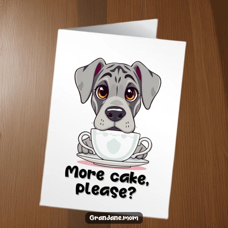 Funny Free Printable Grand Dane Birthday Card: Large dog with questioning eyes peering over a teacup, downloadable surprise.