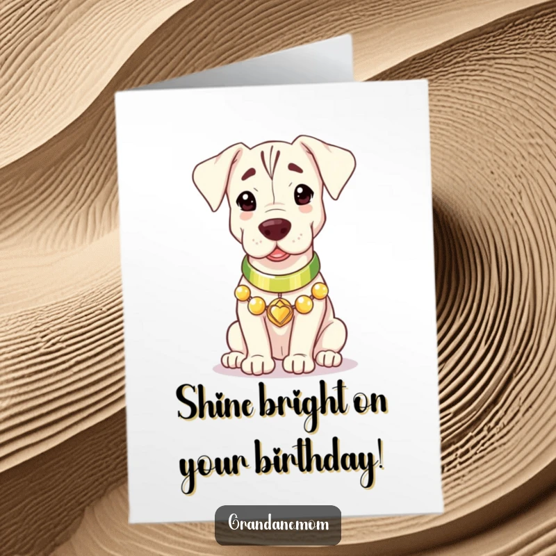 Cute Free Printable Birthday Card: A beautiful Grand Dane with a shiny collar emanates a gentle, warm glow, celebrating their day.
