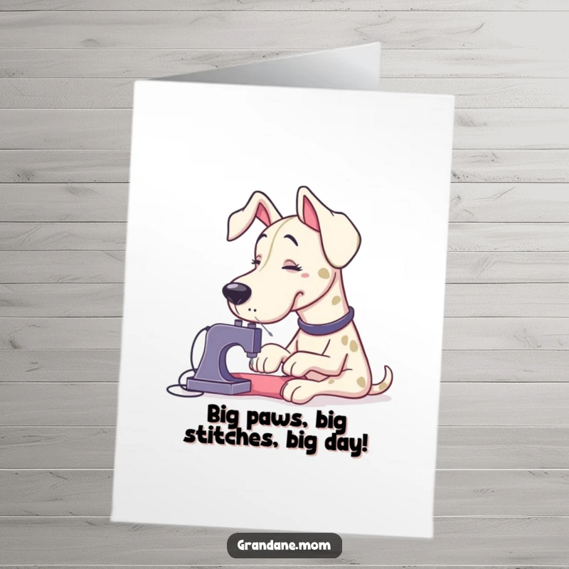 Funny Free Printable Birthday Card: A giant Grand Dane struggles comically to sew a tiny button with comically large sewing needles.