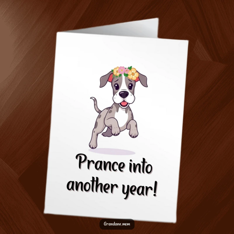 Funny Free Printable Birthday Card: Great Dane wearing a vibrant floral headband, joyfully prancing with a happy, carefree expression.